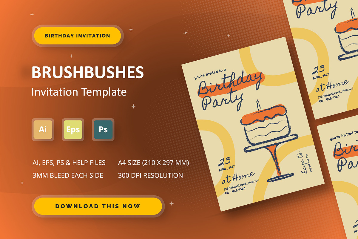 Brushbushes - Birthday Invitation, an Invitation Template by StreaksideStd