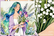 Elegant Girl with Blooming Flowers, a Decorative Illustration by yahu88studio (Thumbnail 2 of 3)