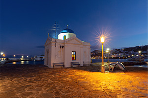 Seaside church with blue dome in, an Architecture Photo by kavalenkava