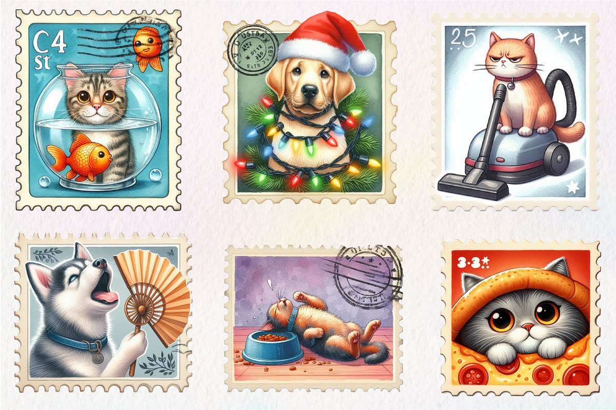 Funny Dog and Cat Postage Stamps, an Illustration by CreationArt (Photo 2 of 5)