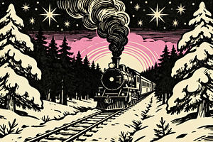 Vintage Woodcut Steam Train Journey, a Decorative Illustration by Virgo Studio