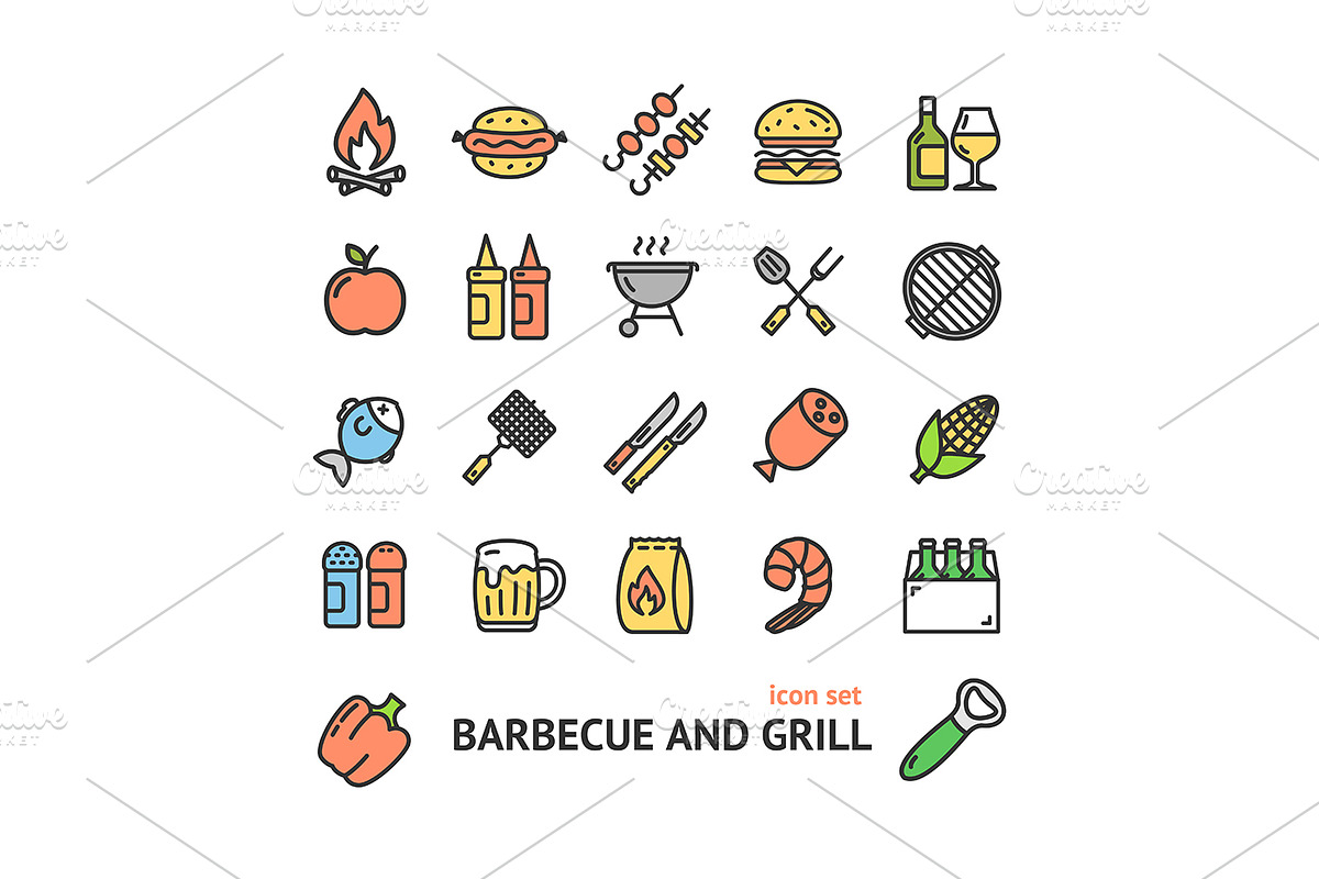 Bbq Signs Thin Line Icon Set., an Outline Icon by Vector and Templates