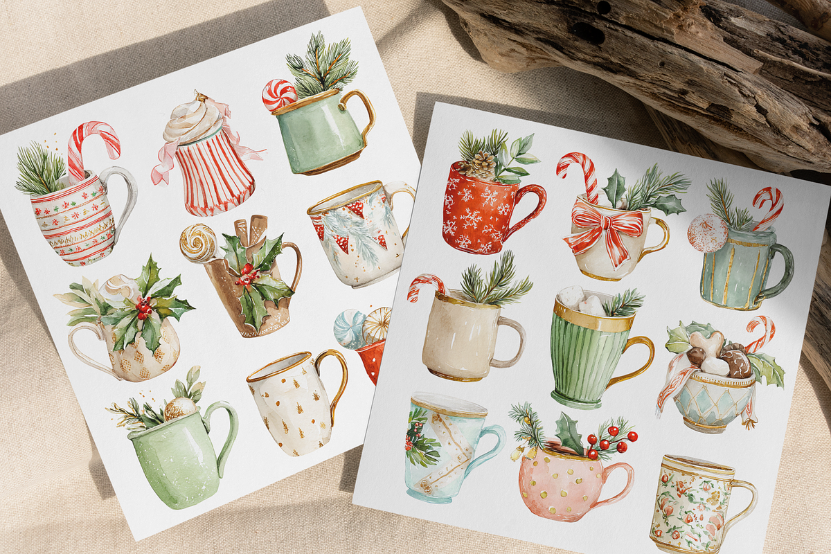 Watercolor Christmas Mugs, a Decorative Illustration by ThaismotaCreativeCo (Photo 6 of 8)