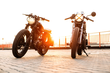 Cafe racer motorcycles on parking featuring beautiful, bike, and biker, a Transportation Photo by Mikalai