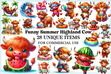 Funny Summer Highland Cow Clipart