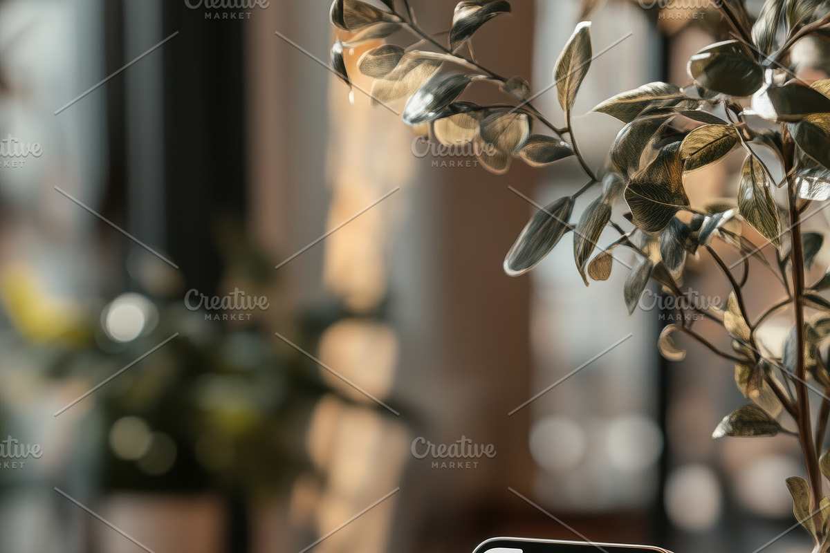 A cozy café scene featuring a smartphone iPhone mockup with a blank screen, a, an iPhone Mockup by Textures & Backgrounds