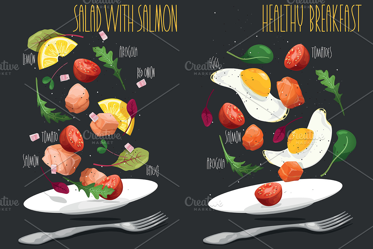 SET salad. Vector illustration, a Food Illustration by AKOMIX (Photo 2 of 9)