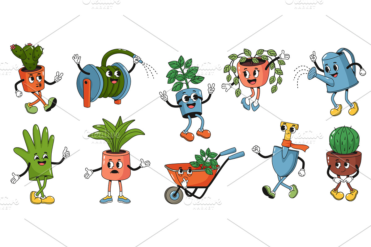 Retro cartoon gardening characters, an Object Illustration by winwin.art