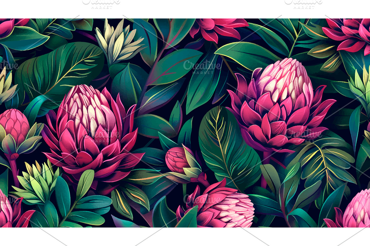 Magenta Protea Floral Blooming, an Illustration by LadadikArt