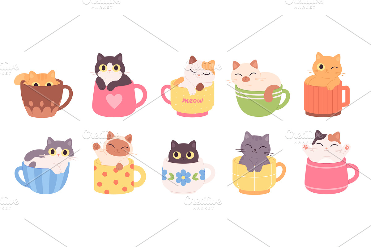 Cats in cups. Funny cat inside, an Animal Illustration by LadadikArt