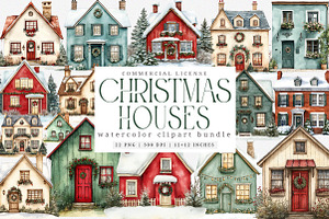 Watercolor Christmas Houses Clipart, an Illustration by SinaCreation