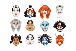 Japanese Kabuki theater masks set, a Decorative Illustration by PaperTrident