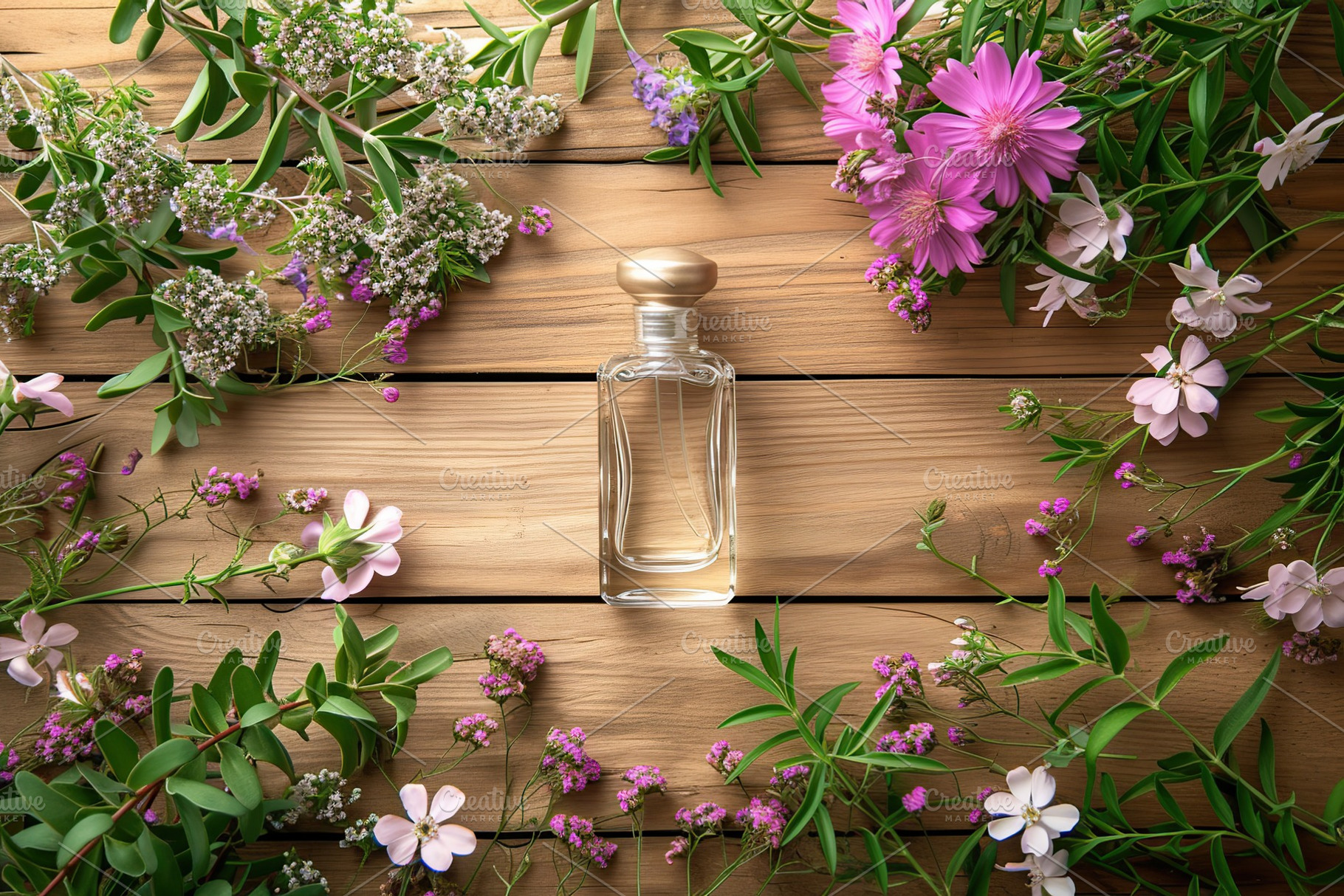Perfume bottle with fresh flowers on wooden background, a Beauty & Fashion Photo by AlyaAnd