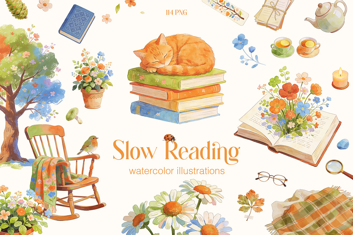 Slow Reading. Watercolor clipart, an Education Illustration by Polli Deeva (Photo 1 of 12)