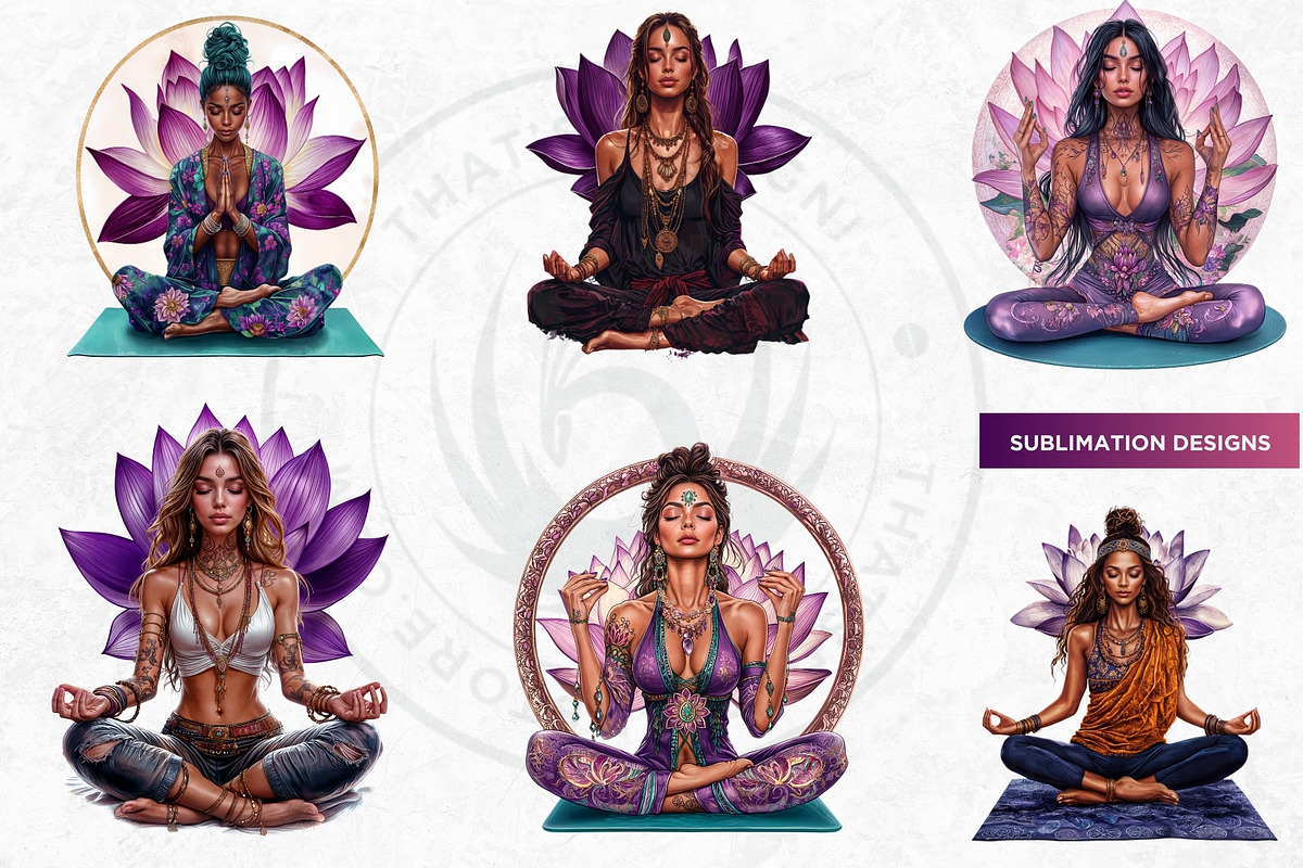 Boho woman meditating Clipart set, a Person Illustration by ThatsDesignArt (Photo 4 of 10)