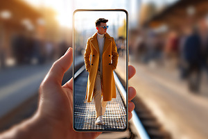 Stylish man in a yellow coat walks along train tracks while being captured on a, a Person Photo by AlyaAnd