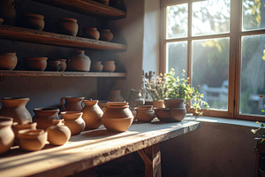 Sunlit Pottery Shelves in Rustic Studio, an Arts & Entertainment Photo by Davizro's Market