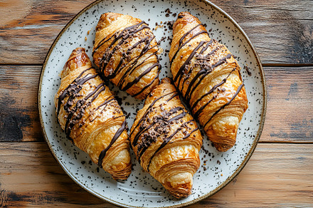 French pastry croissants with chocolate, a Food & Drink Photo by AlyaAnd