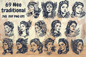 69 Neo Traditional Tattoo Stencil