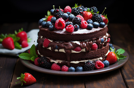 Chocolate cake with fresh berries on plate on wooden table, a Food & Drink Photo by AlyaAnd