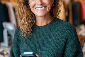 Woman in trendy outfit smiles while holding phone inside a boutique during sunn, a Person Photo by AlyaAnd