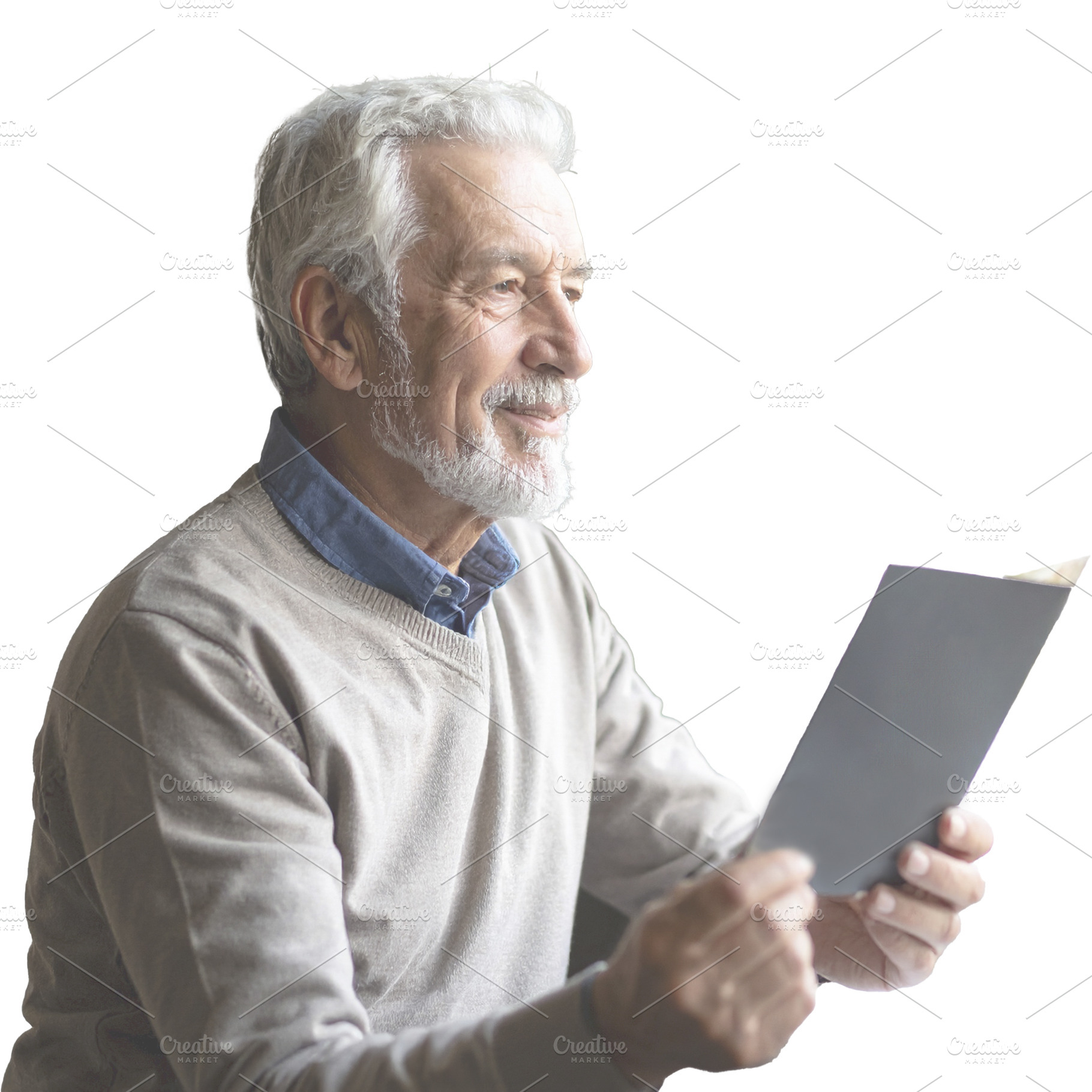 Senior man watching holding a paper isolated photo, a Person Photo by DanFLCreativo