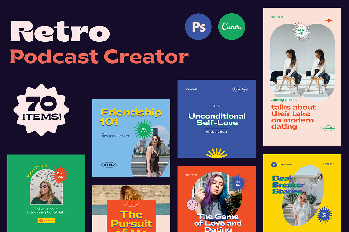 Retro Podcast Instagram Templates, a Social Media Template by Nurrehmet Studio (Photo 1 of 12)