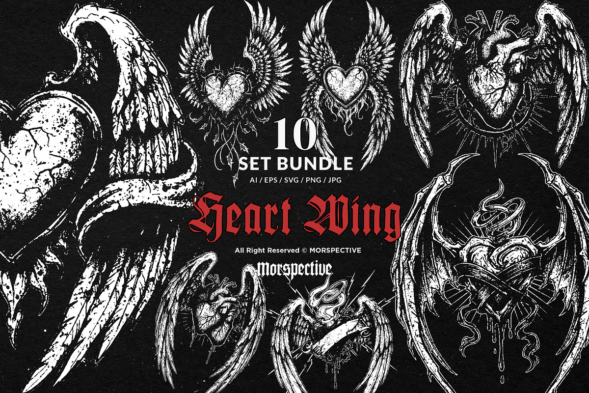 10 Bundle Dark Art Heart Wing Angel, an Illustration by Morspective (Photo 1 of 7)