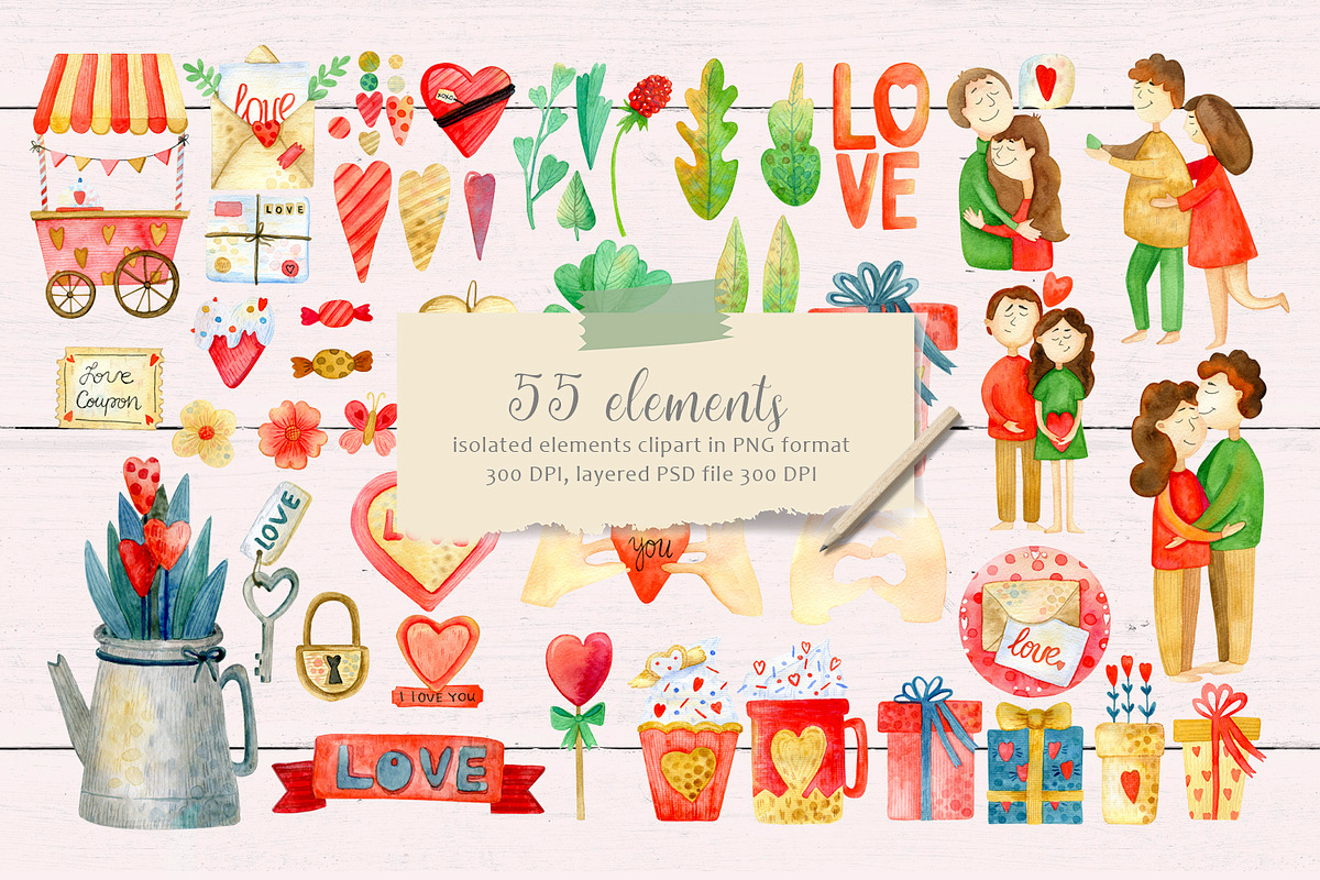 Valentines Day watercolor Set, an Illustration by annasokol_ (Photo 2 of 12)