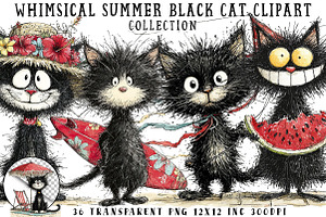 Whimsical Summer Black Cat Clipart, an Illustration by OK Design