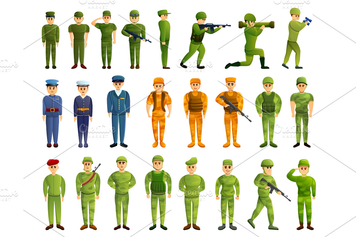 Soldier icons set, cartoon style, a Person Illustration by Ylivdesign