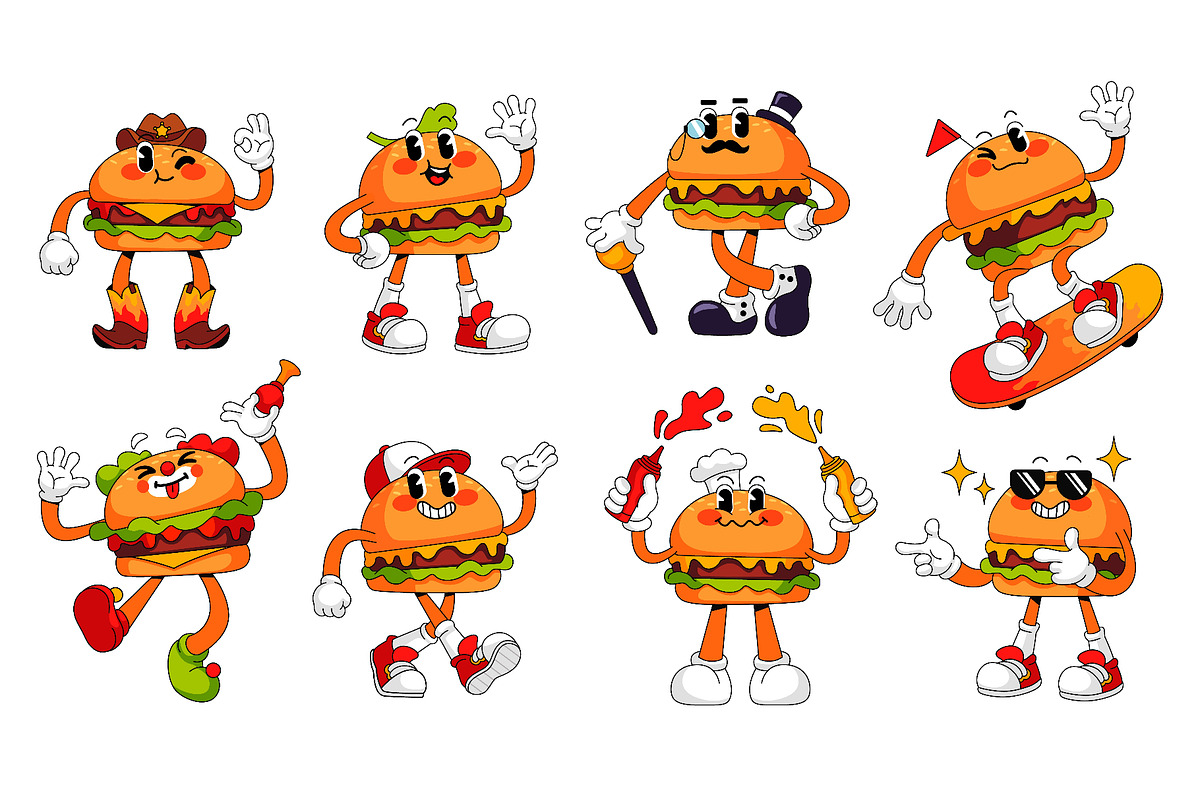 Burger character. Retro cartoon, a Food Illustration by Ksania