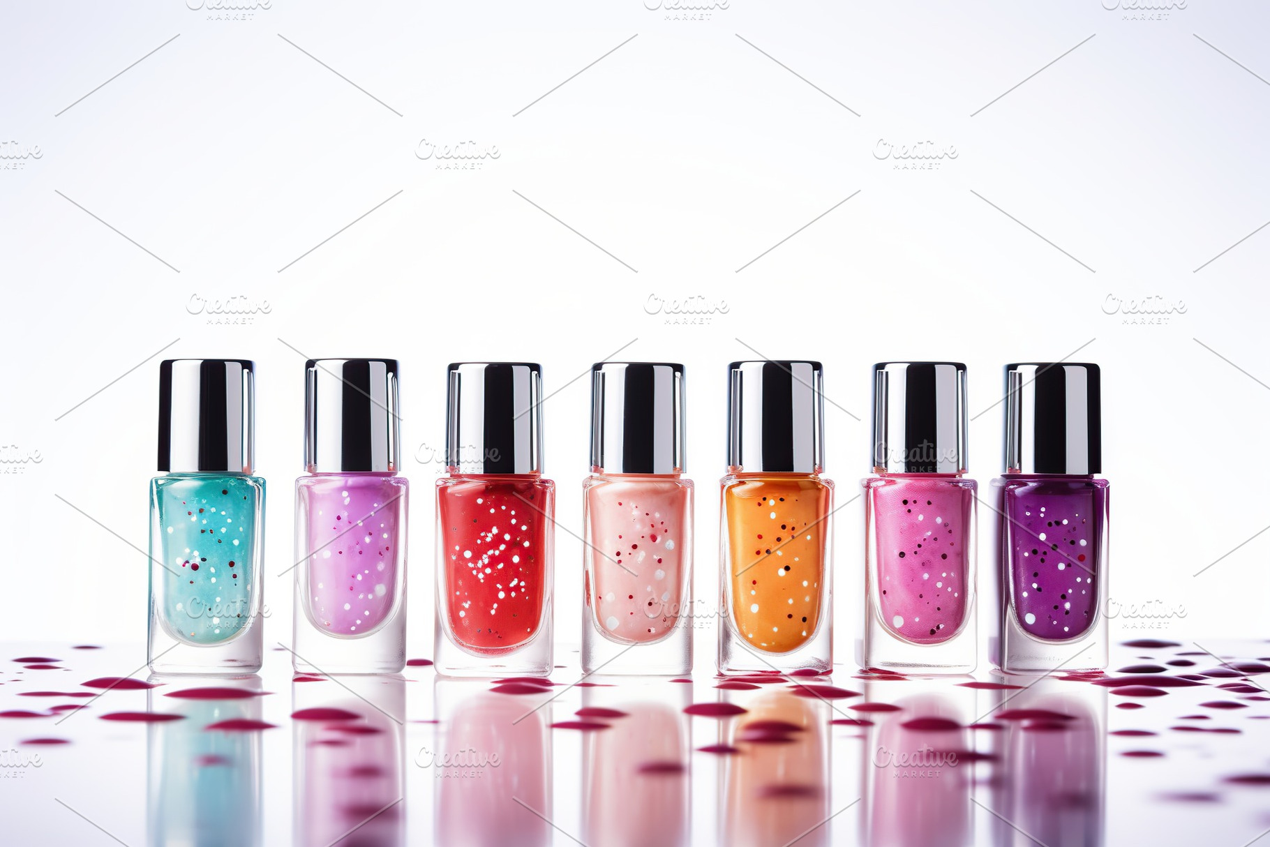 Bottles of colorful nail polish on white background, a Beauty & Fashion Photo by AlyaAnd