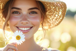 Smiling Young Caucasian Woman with Daisy at Sunset, a Person Photo by Davizro's Market