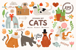 Cat stickers. Vector set. + Pattens.