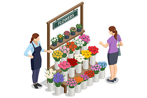 Isometric florist and customer at