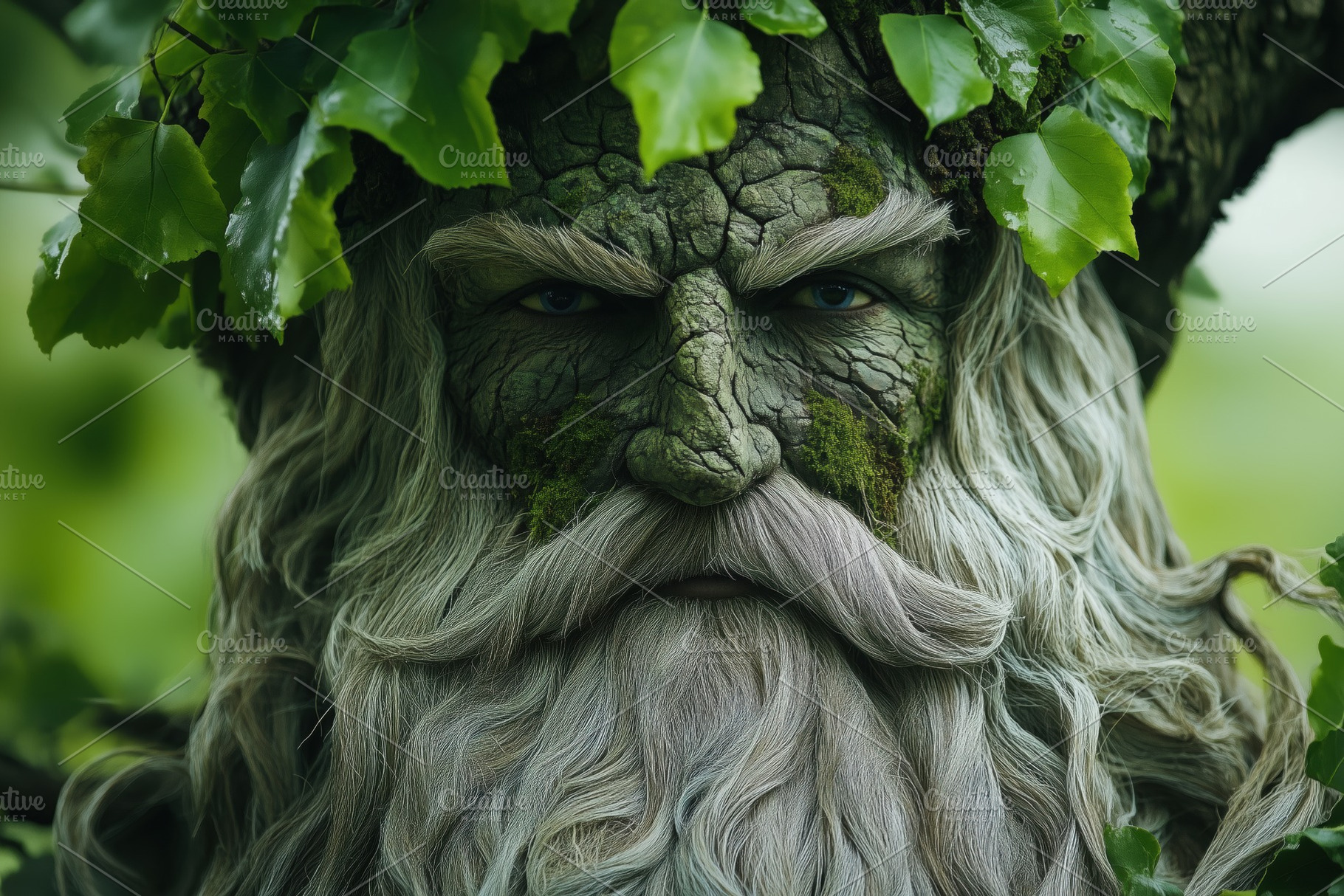 A mystical tree spirit forester with a textured bark-like face, long gray beard, a Person Photo by Textures & Backgrounds