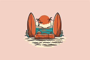 Surfboards and sunset on the beach, an Object Illustration by nomlimo.com