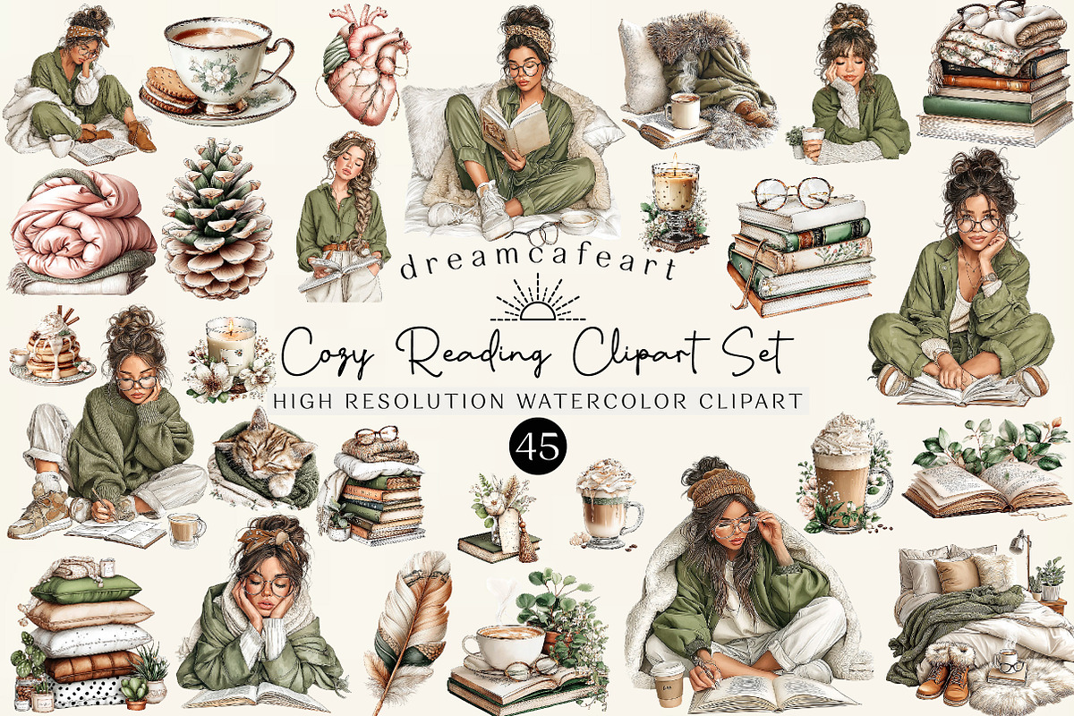 Cozy Reading Watercolor Clipart Set, an Illustration by DreamCafeArt (Photo 1 of 6)