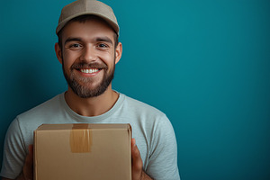 Smiling young Caucasian man in a cap holds a delivery box against a teal backgr, a Person Photo by ImageMir