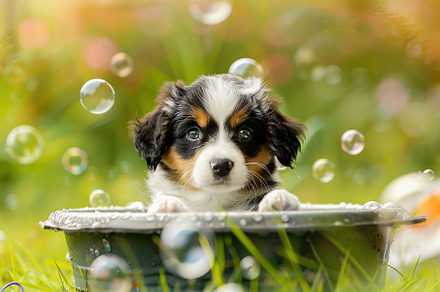 Cute puppy taking a bath in the basin with soap bubbles on blurred green backgr, an Animal Photo by AlyaAnd