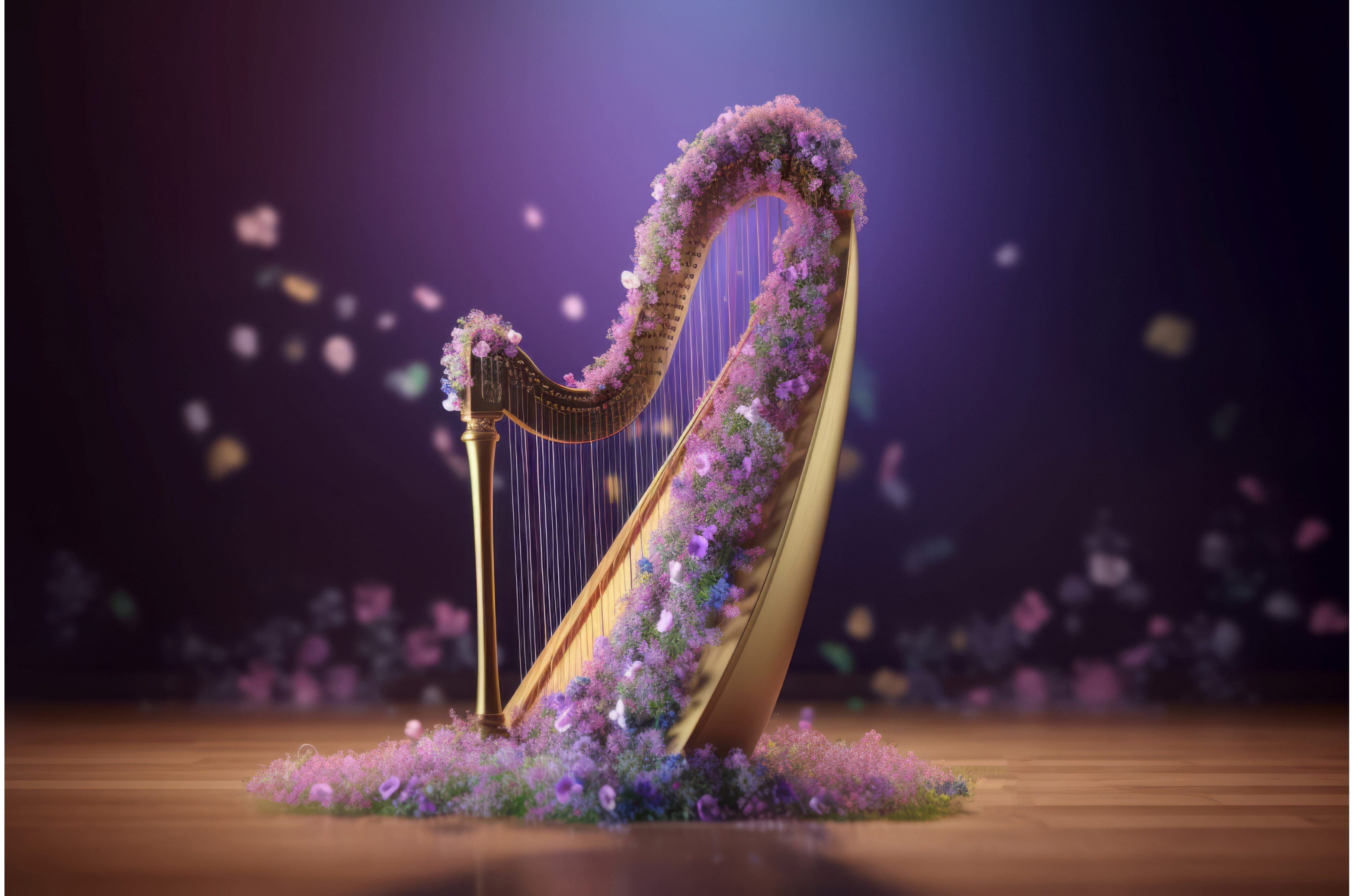 Harp Violet Flowers Instrument by Ylivdesign | Creative Market
