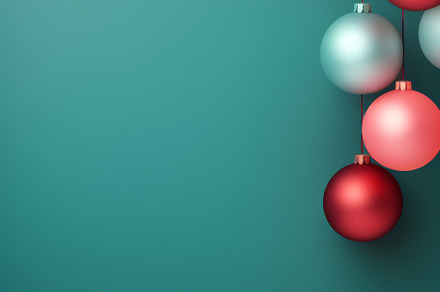 Christmas red and green matte ornaments on teal green background, a Photo by Dvoevnore photos