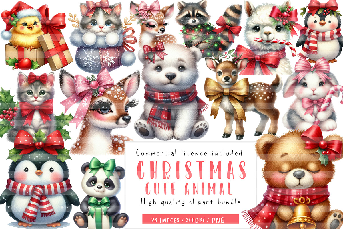 Cute Animal Christmas with Bow, an Illustration by CreationArt (Photo 1 of 5)