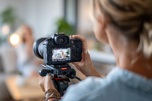 Creator filming a product review in a modern indoor setting during daylight hou, a Technology Photo by AlyaAnd