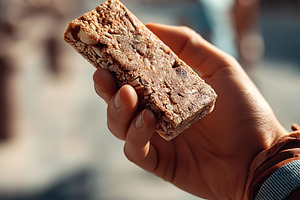 Hand Holding Granola Bar Outdoors on, a Food & Drink Photo by Ocean Digital Art