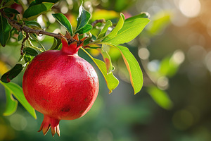 Ripe pomegranate fruit on tree branch in the garden, a Food & Drink Photo by AlyaAnd