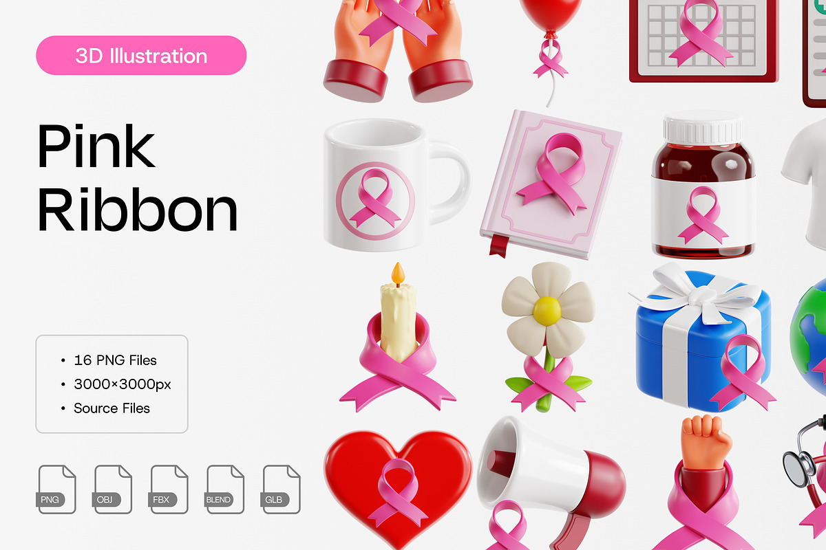 Pink Ribbon 3D Icon Set, an Object 3D Model by Eklip Studio (Photo 1 of 2)