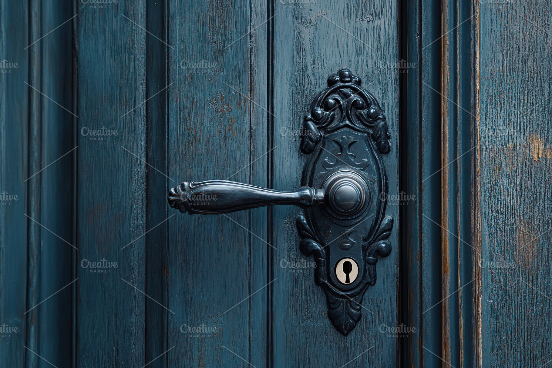 Closeup of retro door knob on blue color door, a Photo by AlyaAnd