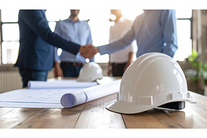 Engineers shaking hands at a project, an Industrial Photo by Igor Tichonow